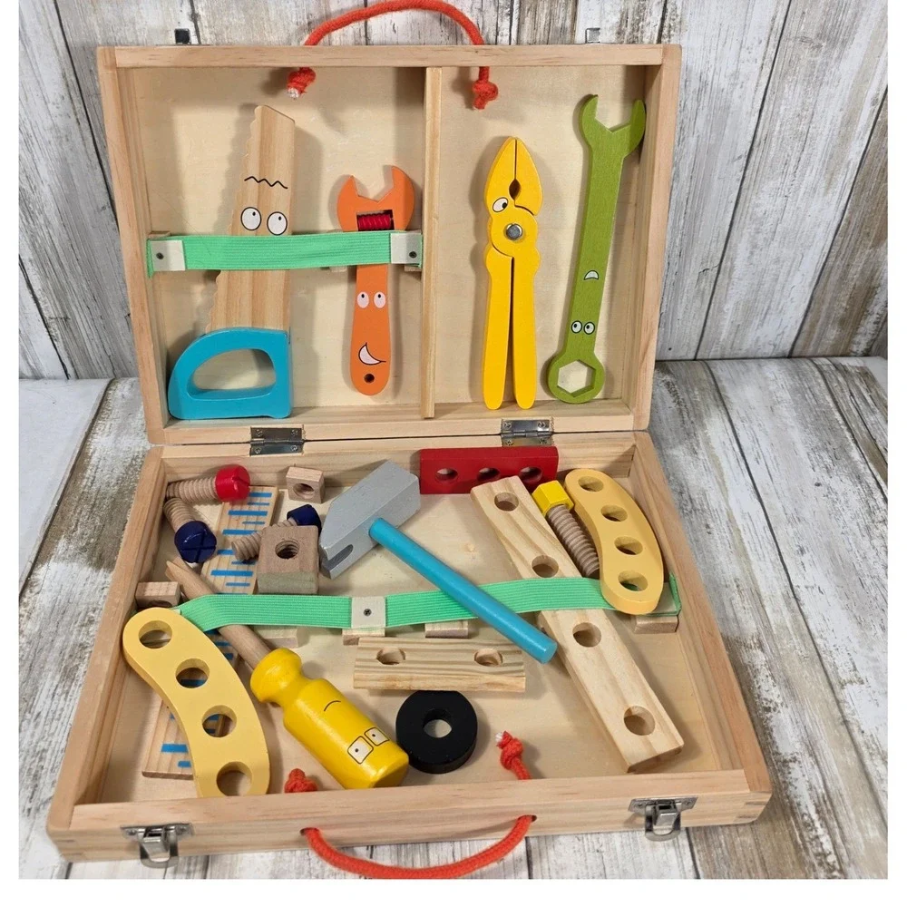 Kids Wooden Tool Box Set Pretend Play Construction Kit Montessori Toy Case